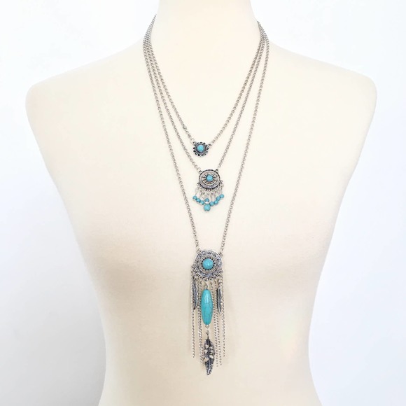 NWOT Layered multistrand boho silver and turquoise necklace - Picture 1 of 4